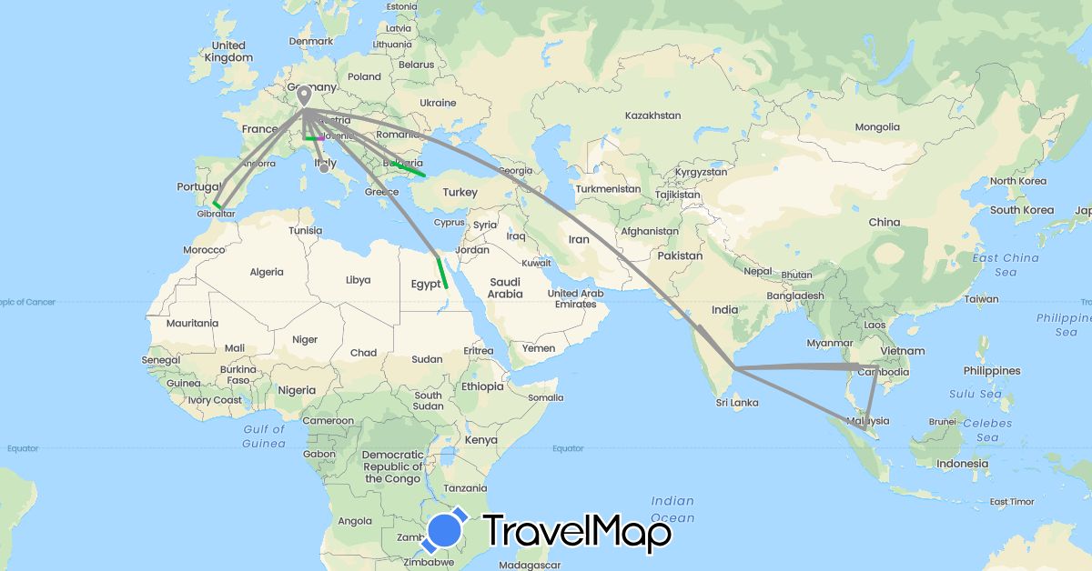 TravelMap itinerary: driving, bus, plane, train in Bulgaria, Germany, Egypt, Spain, India, Italy, Cambodia, Malaysia, Thailand, Turkey (Africa, Asia, Europe)